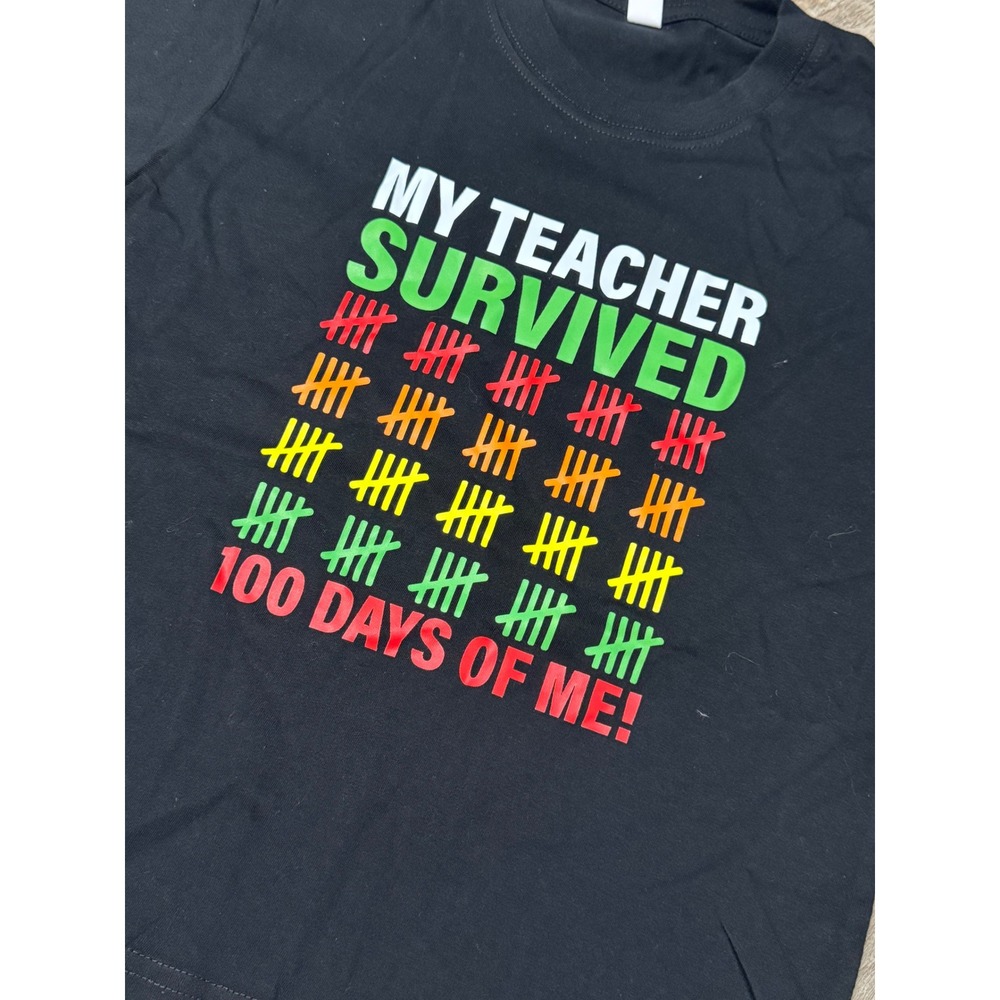 100 Days of School Kids T-Shirt My Teacher Survived Black Graphic Size 130 7/8